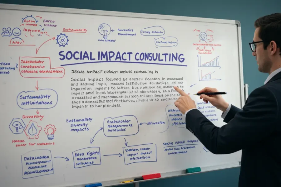 Social Impact Consulting whiteboard with sustainability, data, and impact strategy diagrams