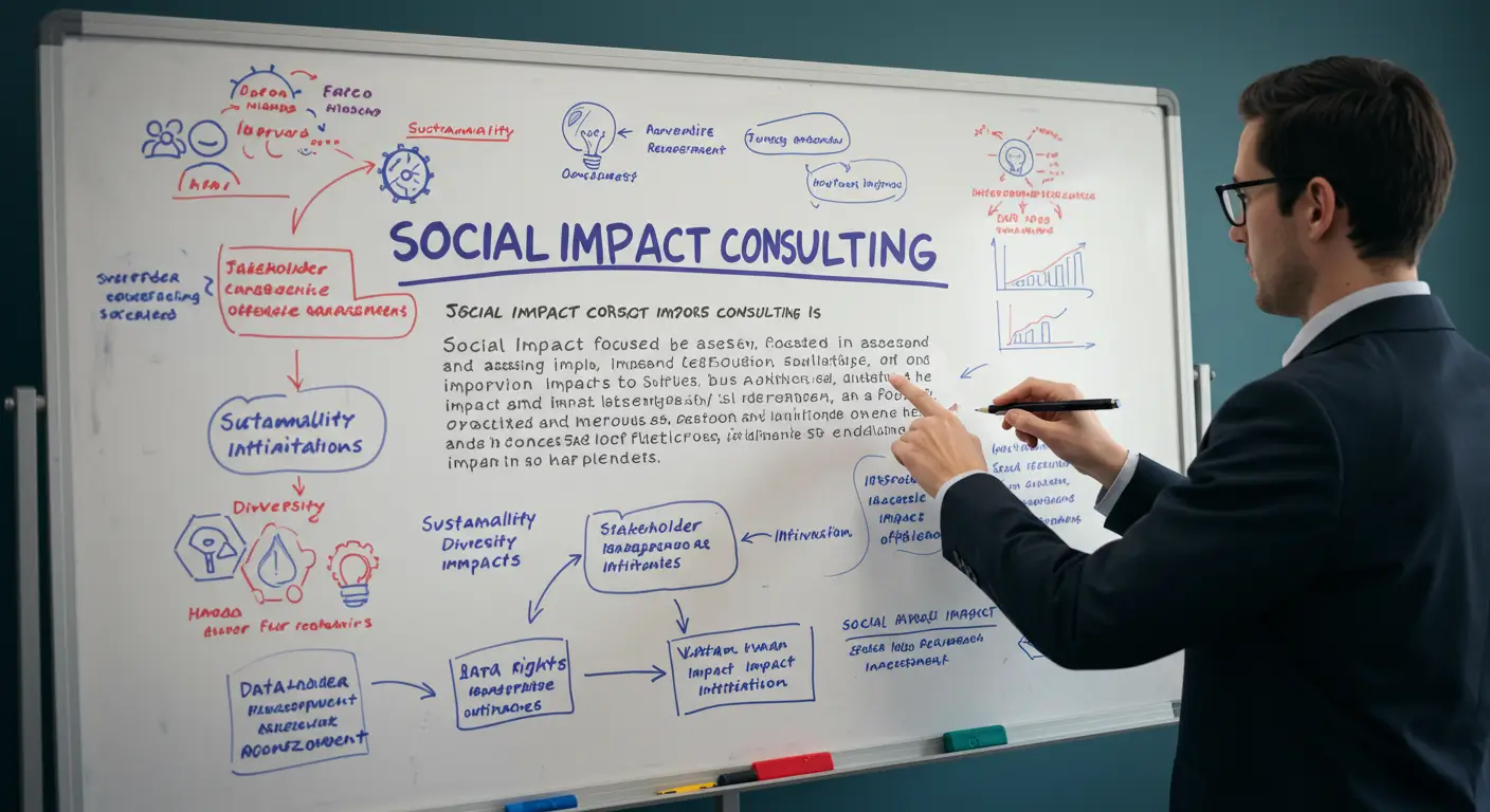 Social Impact Consulting whiteboard with sustainability, data, and impact strategy diagrams