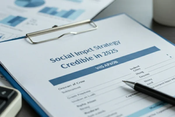 Document titled “Social Impact Strategy Credible in 2025” on a clipboard with charts and pen.