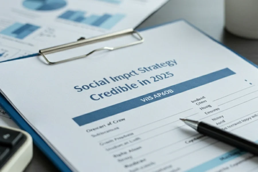 Document titled “Social Impact Strategy Credible in 2025” on a clipboard with charts and pen.