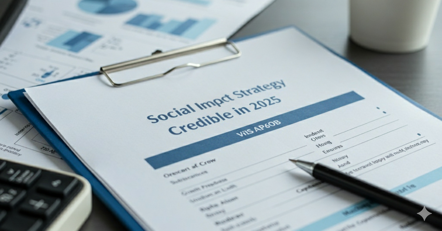 Document titled “Social Impact Strategy Credible in 2025” on a clipboard with charts and pen.