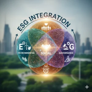 Illustration of ESG Integration with interconnected spheres for Environmental, Social, and Governance.