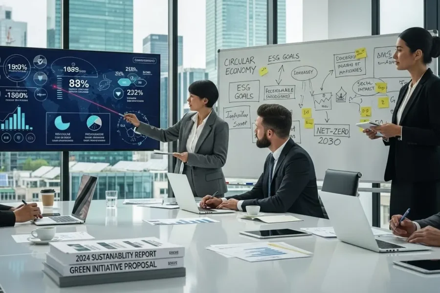 Corporate team discussing ESG goals and sustainability strategy with charts and whiteboard.