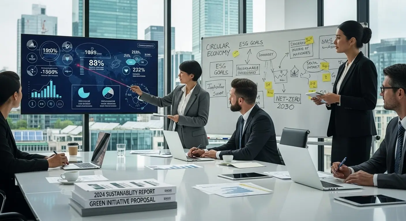 Corporate team discussing ESG goals and sustainability strategy with charts and whiteboard.