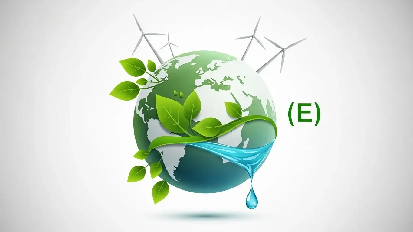 ESG Integration concept showing a green Earth with renewable energy, leaves, and water flow