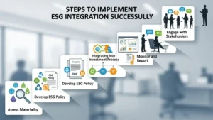 ESG Integration framework illustrating assessment, investment process, and stakeholder engagement